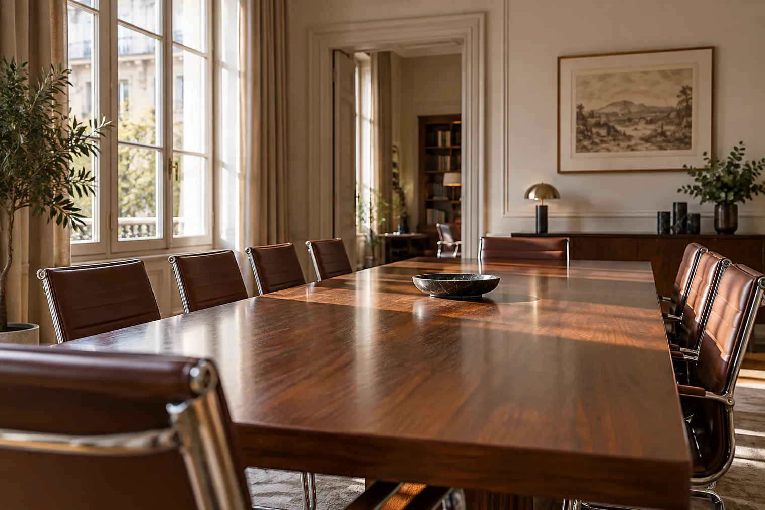 Sala riunioni con tavolo in legno e luce naturale, luogo delle assemblee dei soci di un'impresa familiare.