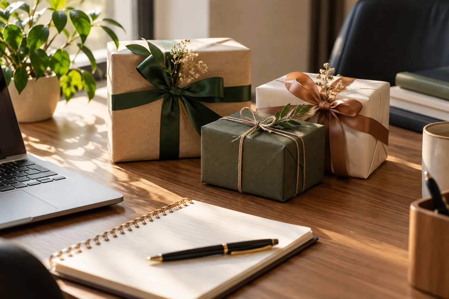 Confezioni regalo sobrie su una scrivania d'ufficio, con agenda e penna accanto, luce naturale laterale, nessun marchio o testo leggibile. Toni neutri e caldi.