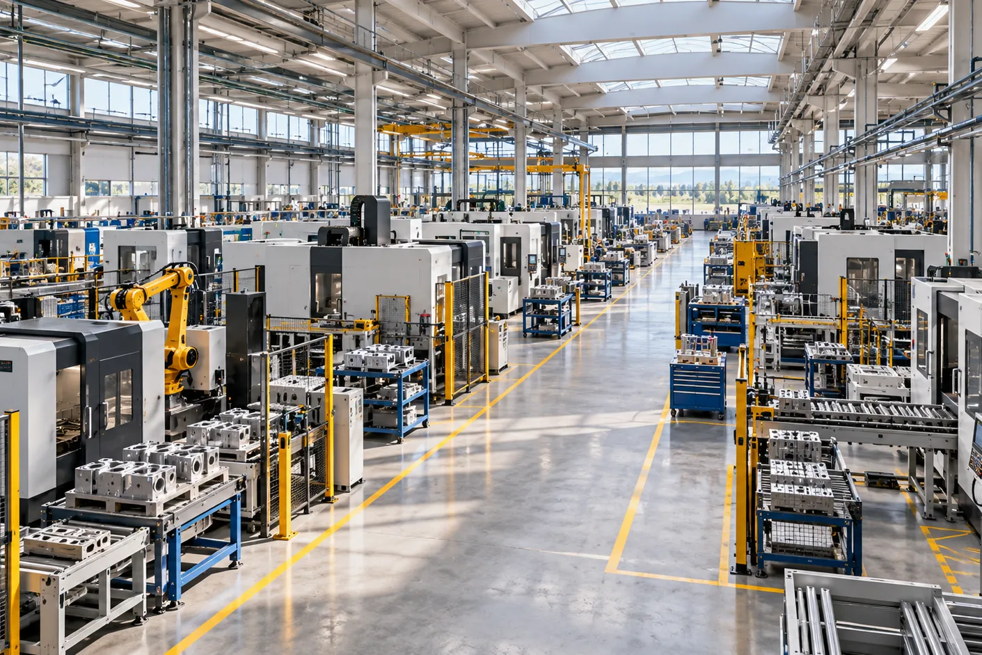 Reparto produttivo di un grande stabilimento industriale italiano con linee automatizzate e macchinari a controllo numerico.